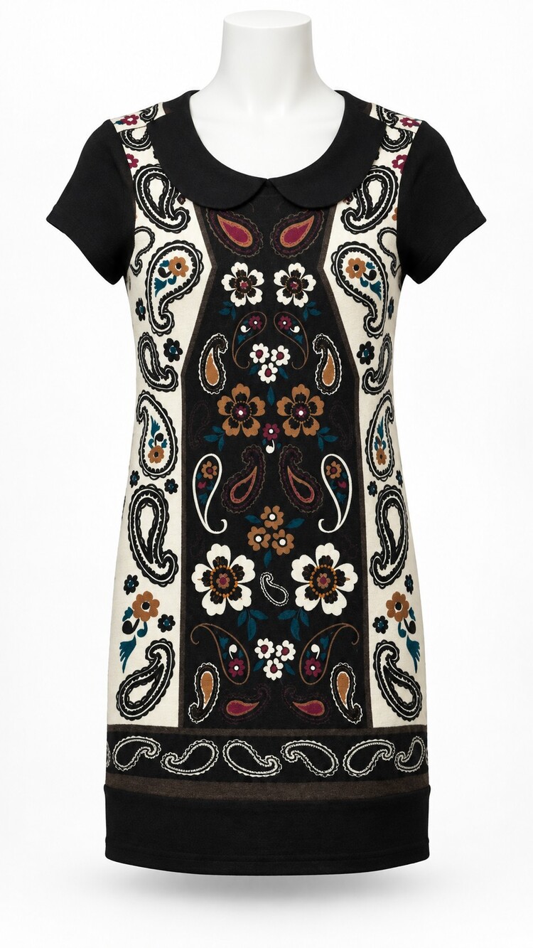 Yumi Women's Dress Paisley Pattern Large Knit Black Floral Peter Pan Collar 526